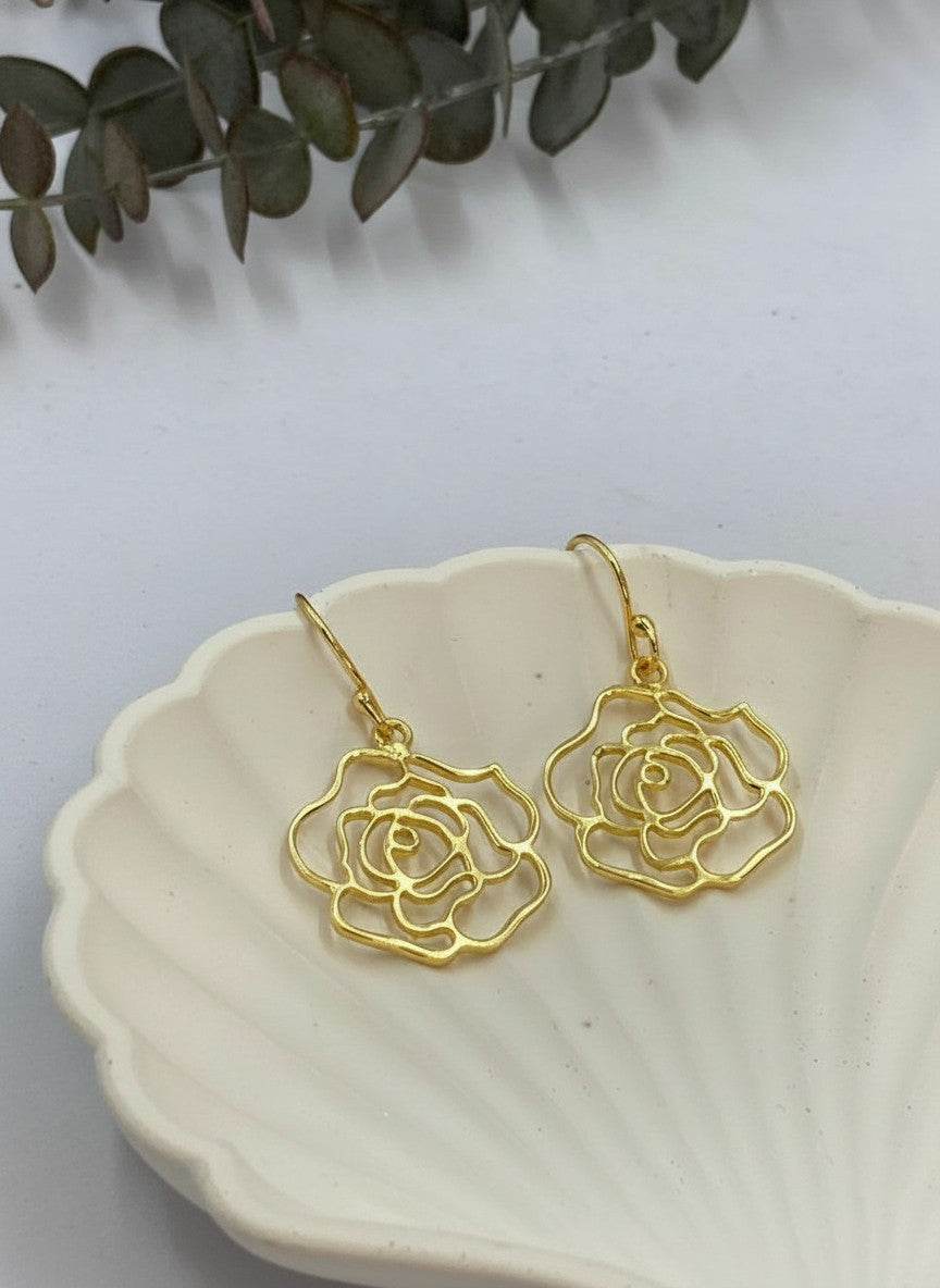 Gold-Plated Openwork Rose Drop Hook Earrings for Women - Casual Wear