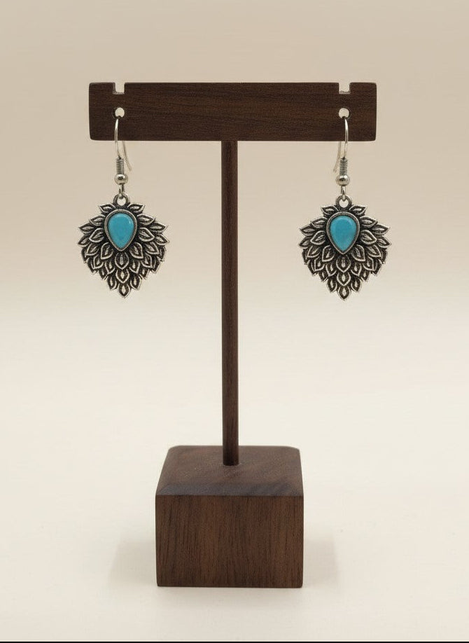 Silver Oxidized Aqua Teardrop Stone Nature-Inspired Leaf Cluster Hook Earrings for Women - Everyday Wear