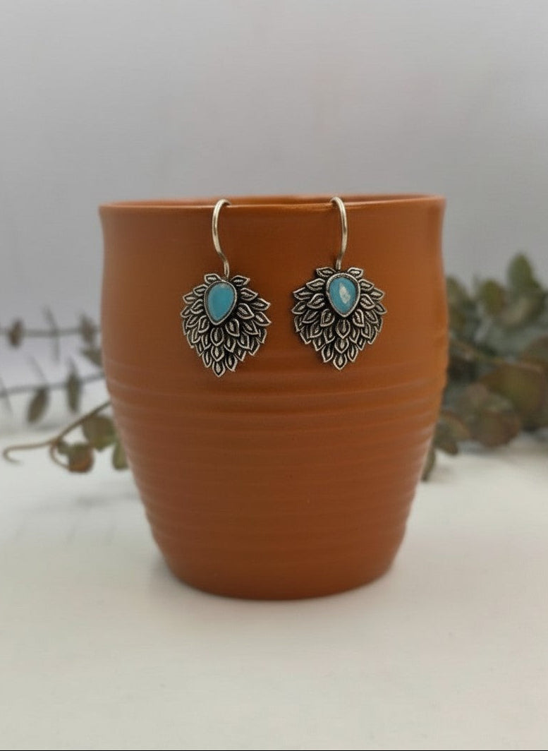 Silver Oxidized Aqua Teardrop Stone Nature-Inspired Leaf Cluster Hook Earrings for Women - Everyday Wear