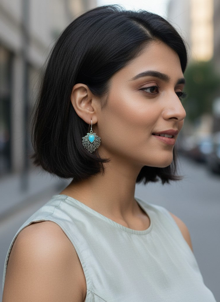 Silver Oxidized Aqua Teardrop Stone Nature-Inspired Leaf Cluster Hook Earrings for Women - Everyday Wear