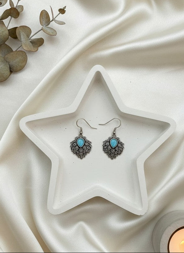 Silver Oxidized Aqua Teardrop Stone Nature-Inspired Leaf Cluster Hook Earrings for Women - Everyday Wear