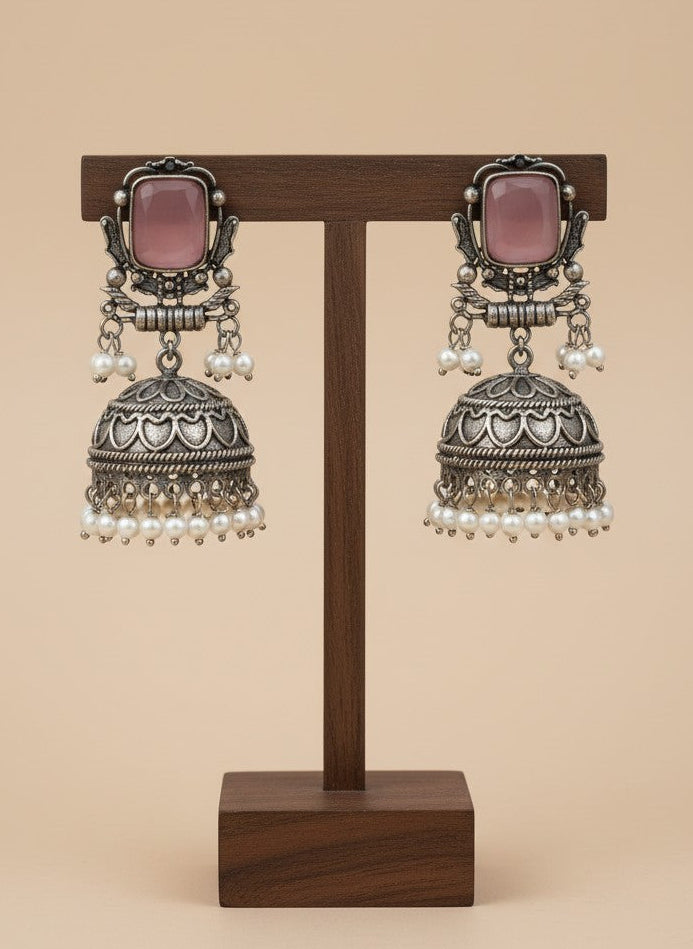 Silver Oxidized Baby Pink Stone Jhumka Earrings with Pearl Drops for Women - All Occasions 