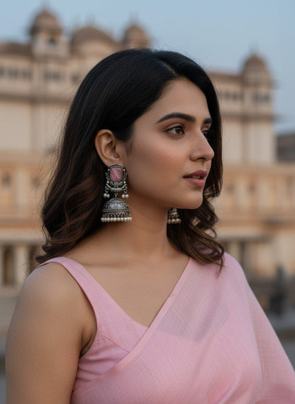 Silver Oxidized Baby Pink Stone Jhumka Earrings with Pearl Drops for Women - All Occasions 