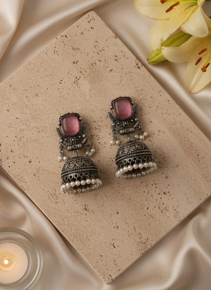 Silver Oxidized Baby Pink Stone Jhumka Earrings with Pearl Drops for Women - All Occasions 