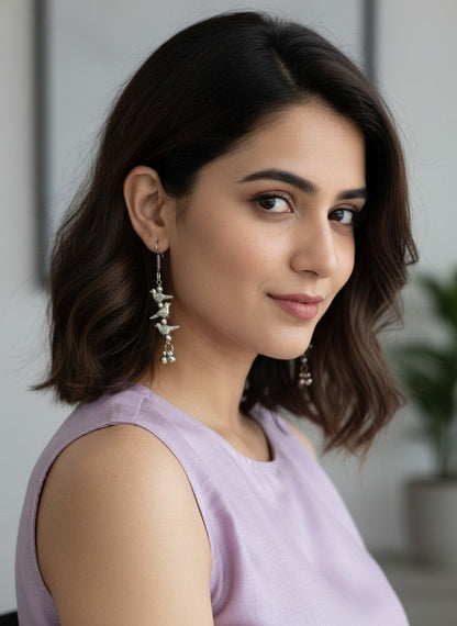 Silver Oxidized Bird Charm Dangler Hook Earrings for Women - Casual Wear
