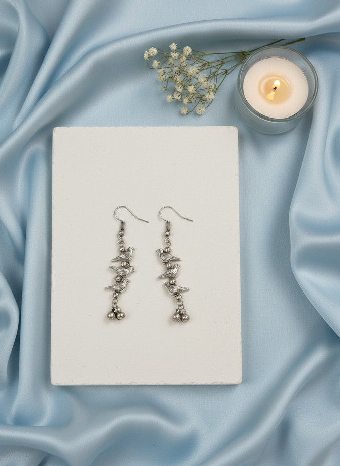 Silver Oxidized Bird Charm Dangler Hook Earrings for Women - Casual Wear