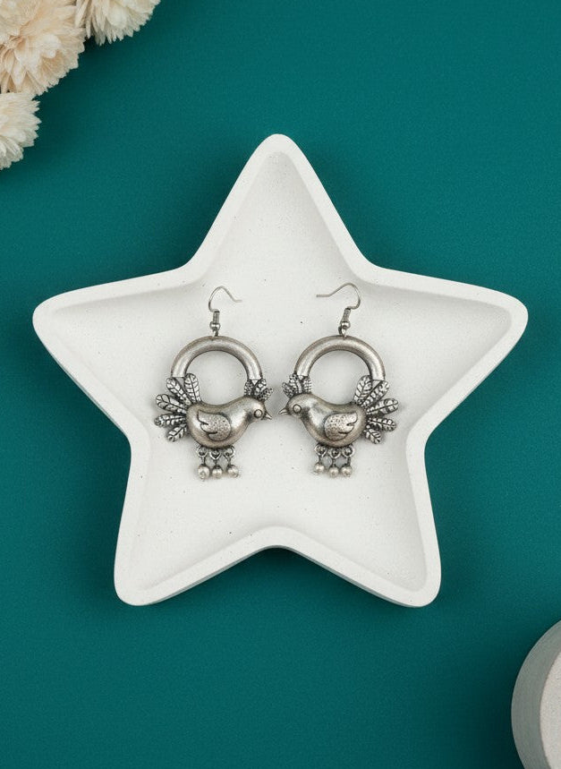 Silver Oxidized Bird Hook Earrings for Women - Everyday Wear 