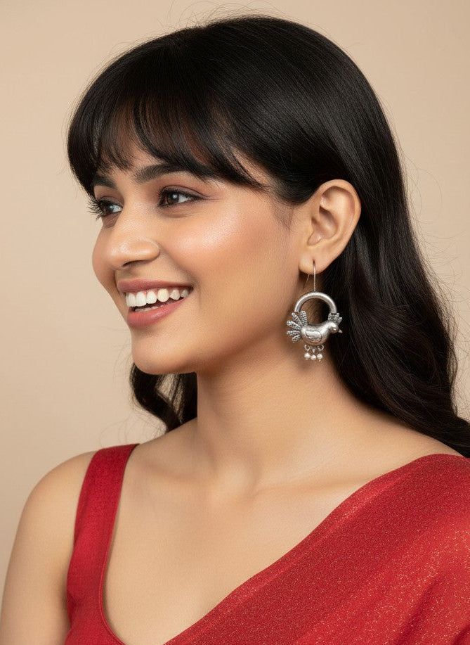 Silver Oxidized Bird Hook Earrings for Women - Everyday Wear 