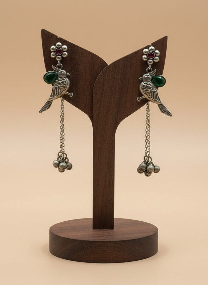 Silver Oxidized Bird Motif Earrings with Ghungroo Drops & Green Stone Accent for Women - All Occasions