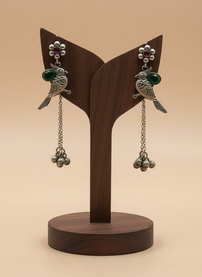 Silver Oxidized Bird Motif Earrings with Ghungroo Drops & Green Stone Accent for Women - All Occasions