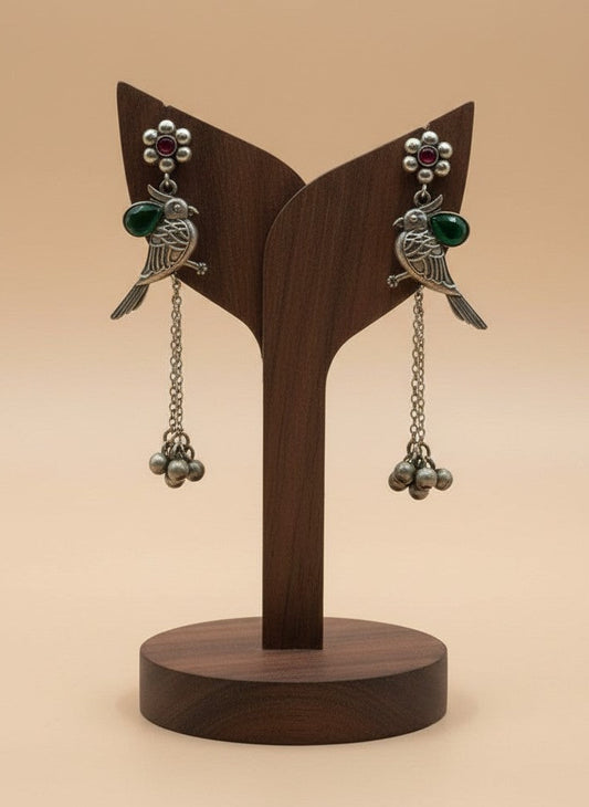 Silver Oxidized Bird Motif Earrings with Ghungroo Drops & Green Stone Accent for Women - All Occasions