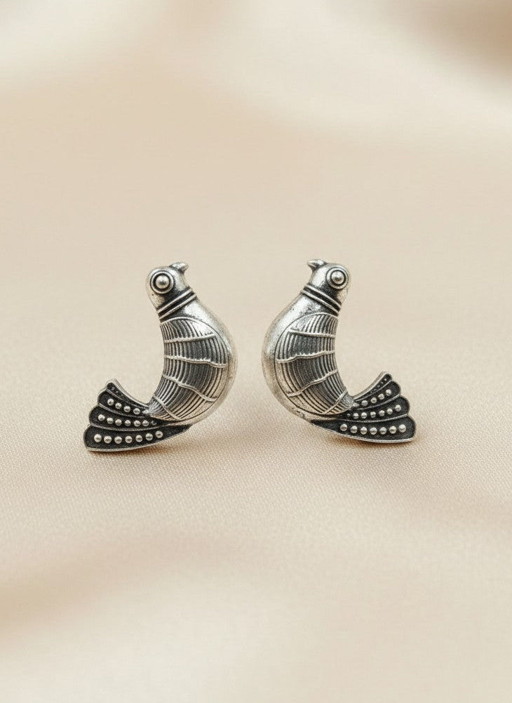 Silver Oxidized Bird Motif Statement Stud Earrings for Women - All Occasions