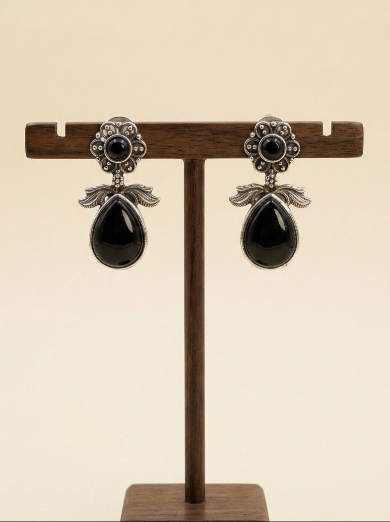 Silver Oxidized Black Monalisa Stone Drop Earrings for Women – Everyday Earrings