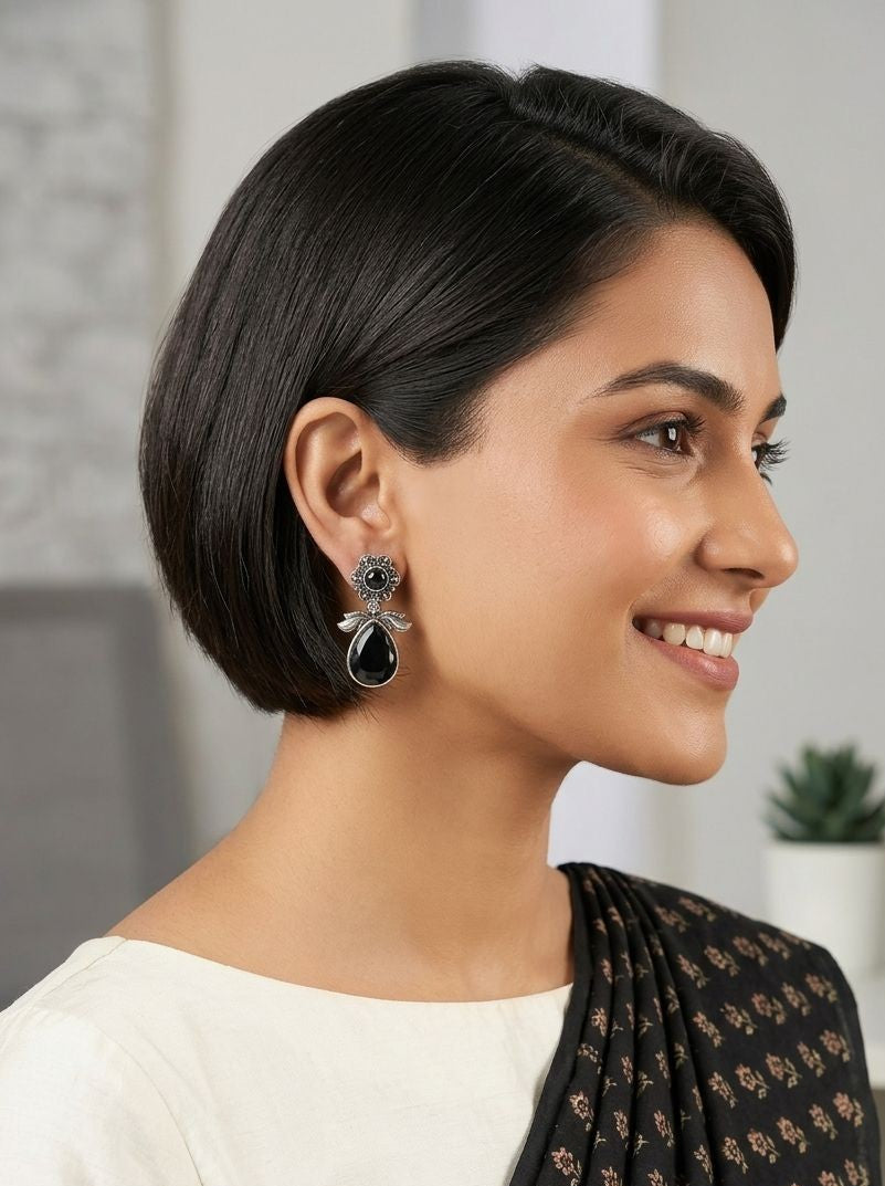Silver Oxidized Black Monalisa Stone Drop Earrings for Women – Everyday Earrings