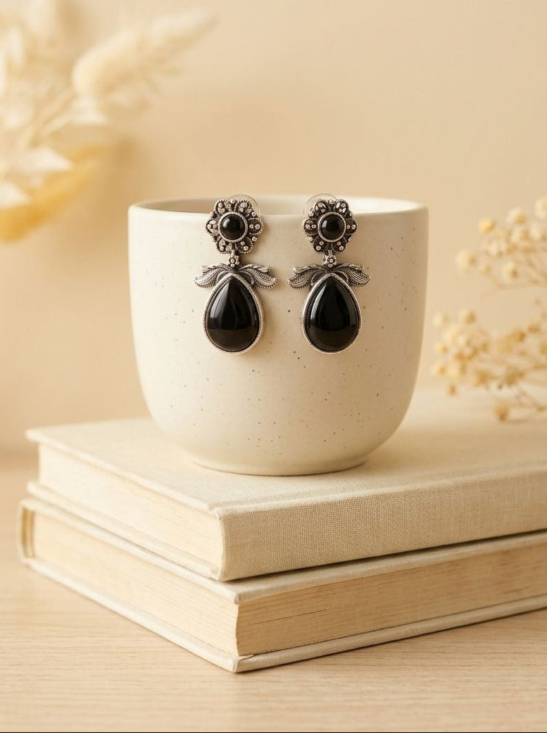 Silver Oxidized Black Monalisa Stone Drop Earrings for Women – Everyday Earrings