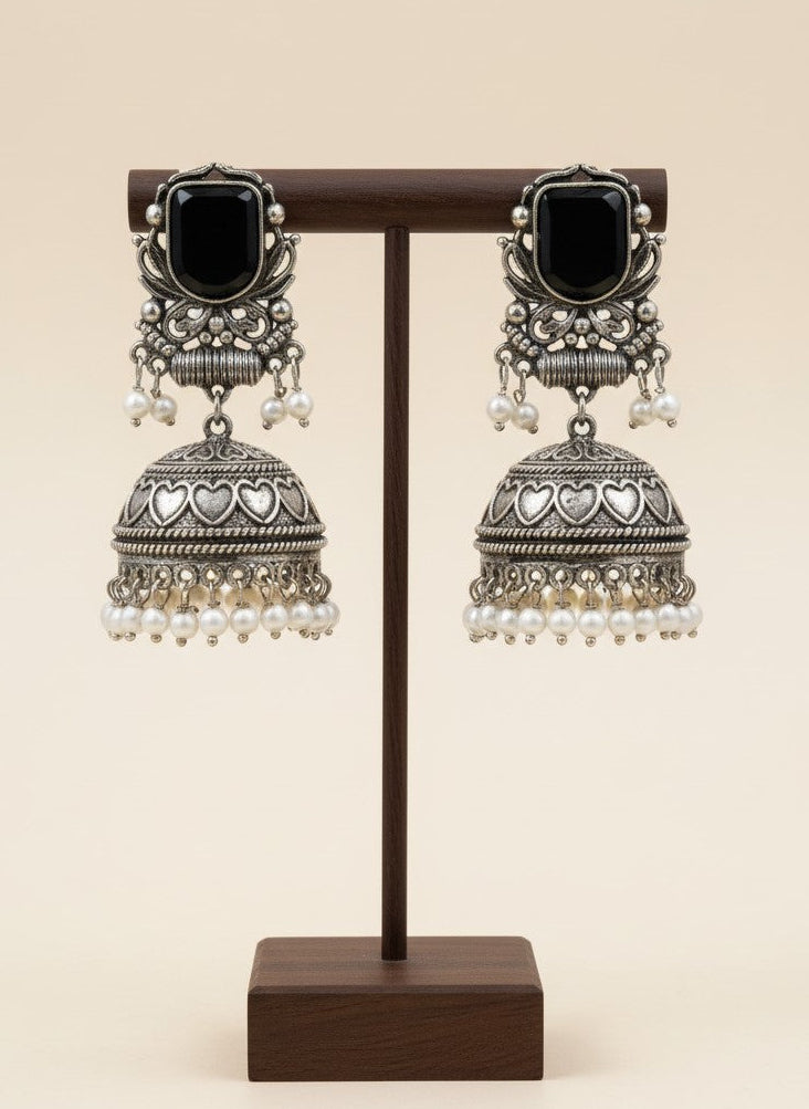 Silver Oxidized Black Stone Jhumka Earrings with Pearl Drops for Women - All Occasions 