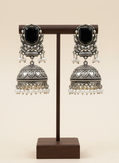 Silver Oxidized Black Stone Jhumka Earrings with Pearl Drops for Women - All Occasions 