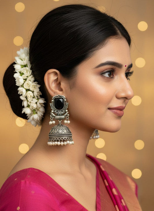 Silver Oxidized Black Stone Jhumka Earrings with Pearl Drops for Women - All Occasions 