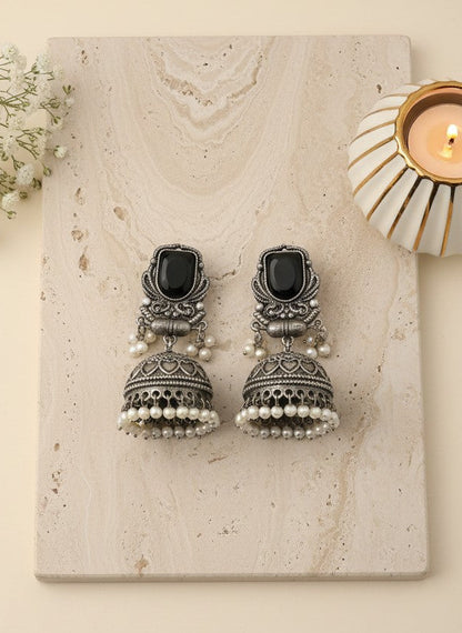 Silver Oxidized Black Stone Jhumka Earrings with Pearl Drops for Women - All Occasions 