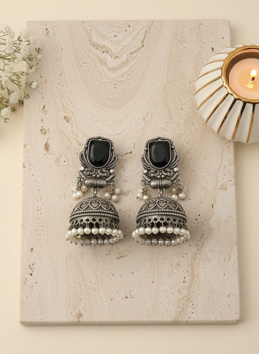 Silver Oxidized Black Stone Jhumka Earrings with Pearl Drops for Women - All Occasions 