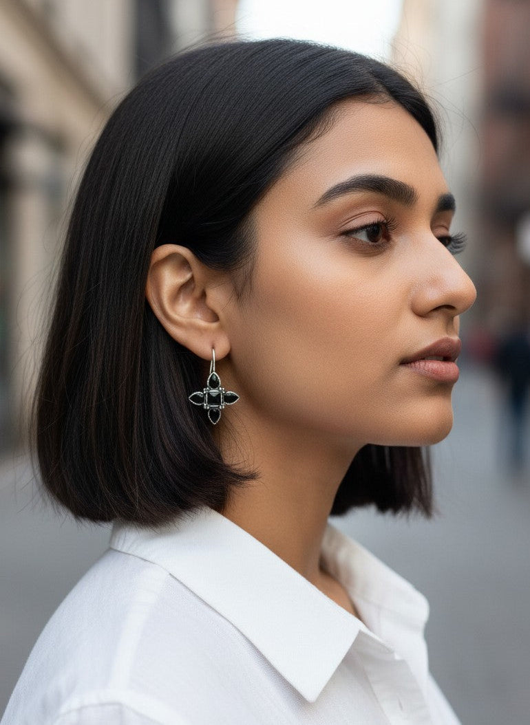 Silver Oxidized Black Stones Petal Motif Hook Earrings for Women - Everyday Wear