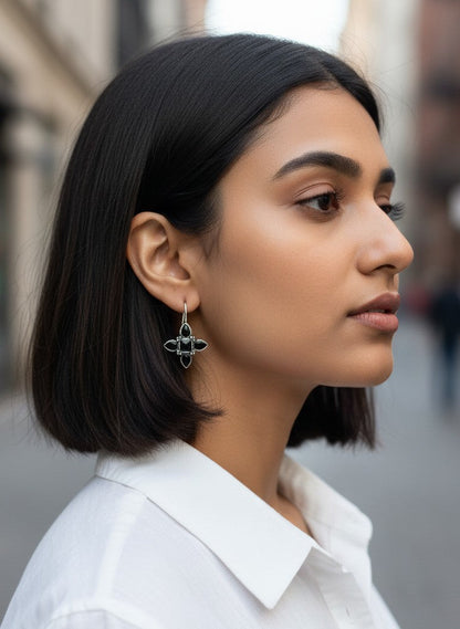 Silver Oxidized Black Stones Petal Motif Hook Earrings for Women - Everyday Wear