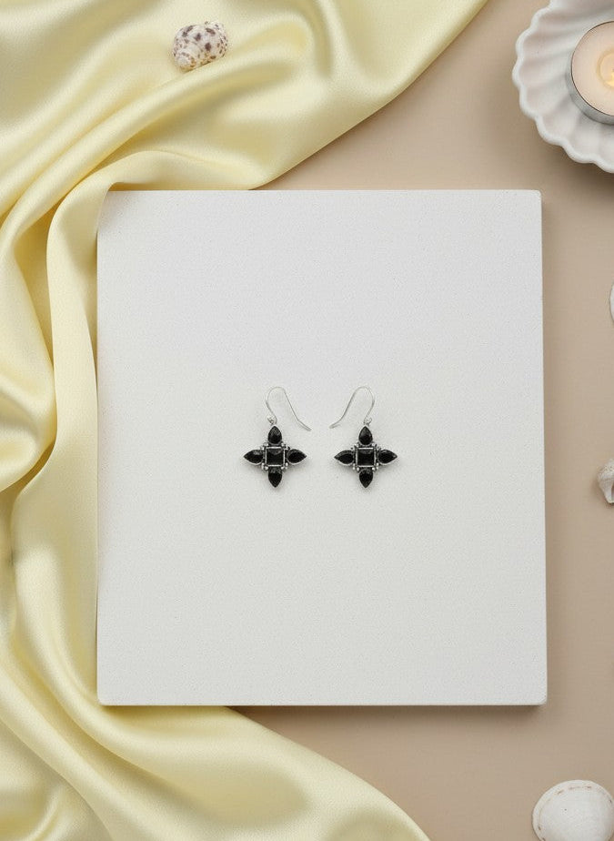 Silver Oxidized Black Stones Petal Motif Hook Earrings for Women - Everyday Wear