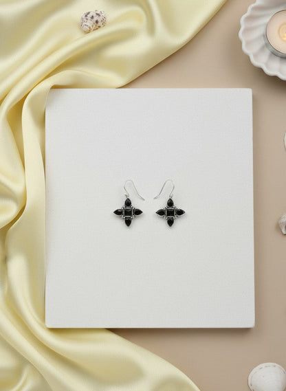 Silver Oxidized Black Stones Petal Motif Hook Earrings for Women - Everyday Wear