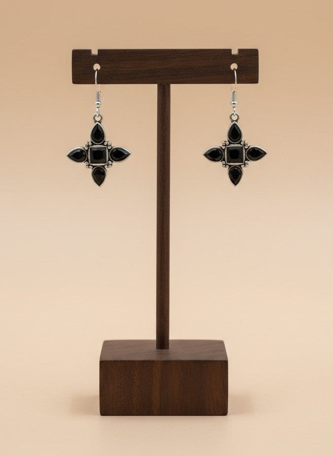 Silver Oxidized Black Stones Petal Motif Hook Earrings for Women - Everyday Wear