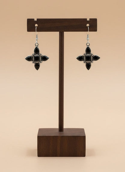 Silver Oxidized Black Stones Petal Motif Hook Earrings for Women - Everyday Wear