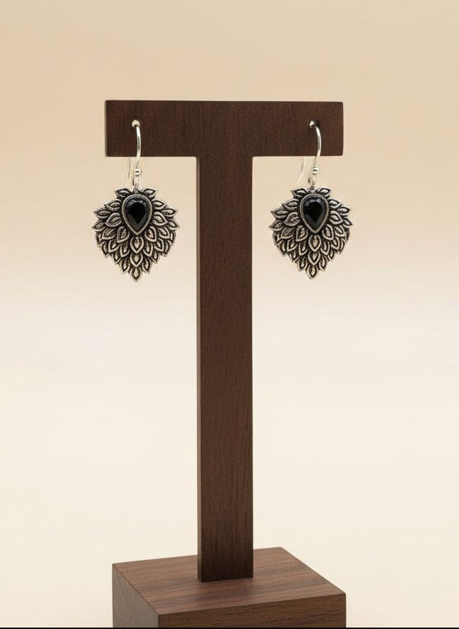 Silver Oxidized Black Teardrop Stone Nature-Inspired Leaf Cluster Hook Earrings for Women - Everyday Wear 