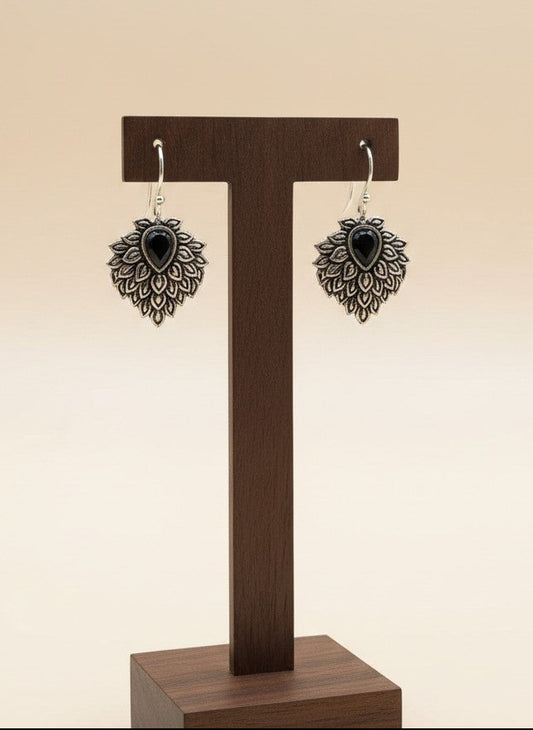 Silver Oxidized Black Teardrop Stone Nature-Inspired Leaf Cluster Hook Earrings for Women - Everyday Wear 