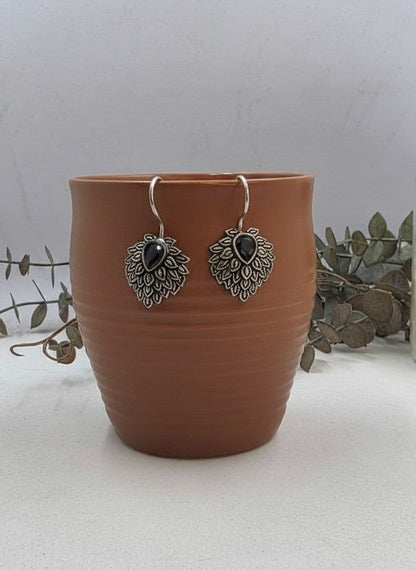 Silver Oxidized Black Teardrop Stone Nature-Inspired Leaf Cluster Hook Earrings for Women - Everyday Wear 