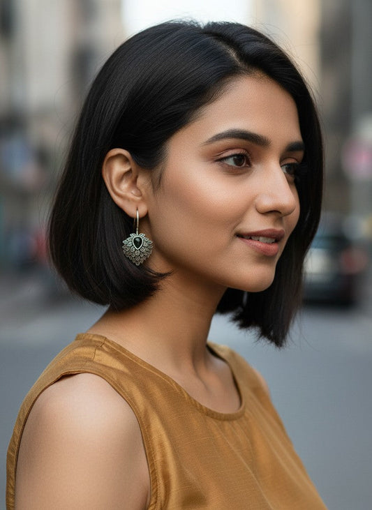 Silver Oxidized Black Teardrop Stone Nature-Inspired Leaf Cluster Hook Earrings for Women - Everyday Wear 