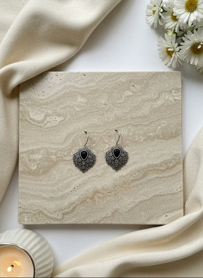 Silver Oxidized Black Teardrop Stone Nature-Inspired Leaf Cluster Hook Earrings for Women - Everyday Wear 