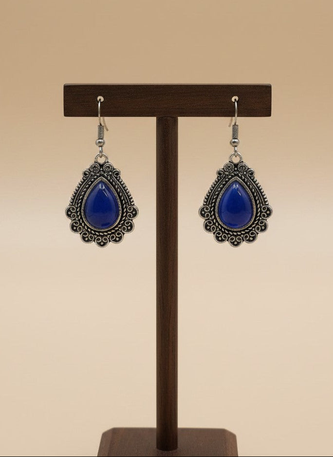 Silver Oxidized Blue Monalisa Stone Teardrop Filigree Hook Earrings for Women - Everyday Wear