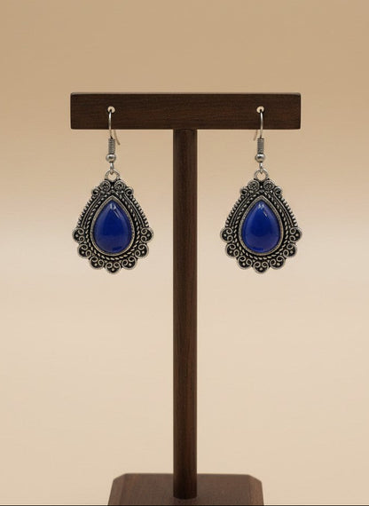 Silver Oxidized Blue Monalisa Stone Teardrop Filigree Hook Earrings for Women - Everyday Wear