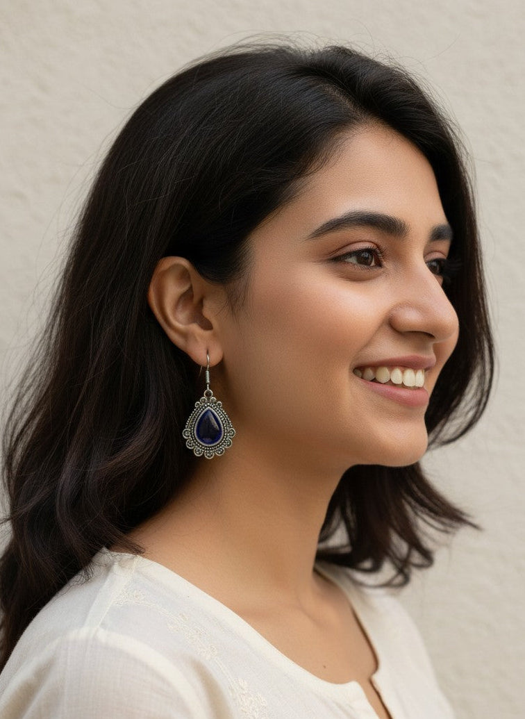 Silver Oxidized Blue Monalisa Stone Teardrop Filigree Hook Earrings for Women - Everyday Wear