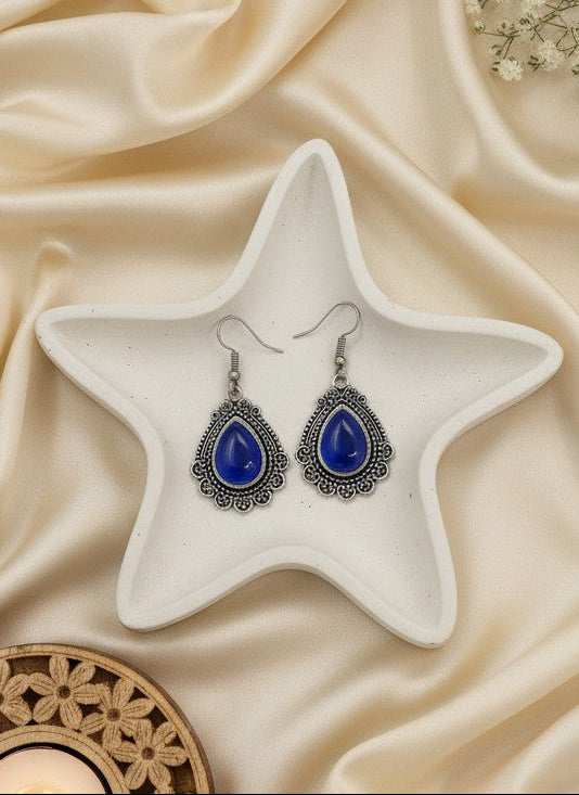 Silver Oxidized Blue Monalisa Stone Teardrop Filigree Hook Earrings for Women - Everyday Wear