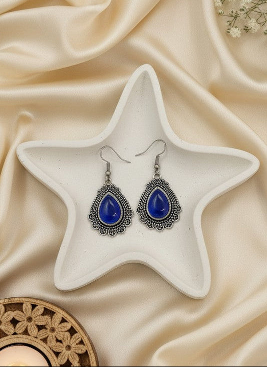Silver Oxidized Blue Monalisa Stone Teardrop Filigree Hook Earrings for Women - Everyday Wear