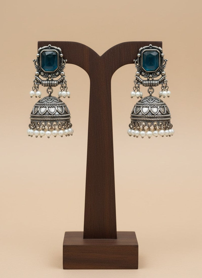 Silver Oxidized Blue Stone Jhumka Earrings with Pearl Drops for Women - All Occasions 