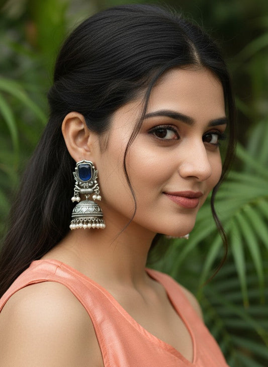 Silver Oxidized Blue Stone Jhumka Earrings with Pearl Drops for Women - All Occasions 