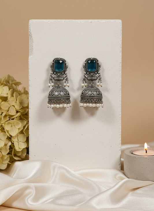 Silver Oxidized Blue Stone Jhumka Earrings with Pearl Drops for Women - All Occasions 