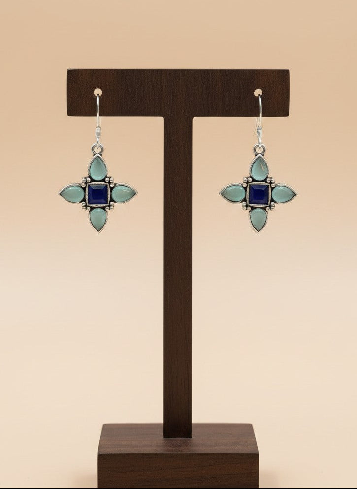 Silver Oxidized Blue Stones Petal Motif Hook Earrings for Women - Everyday Wear 