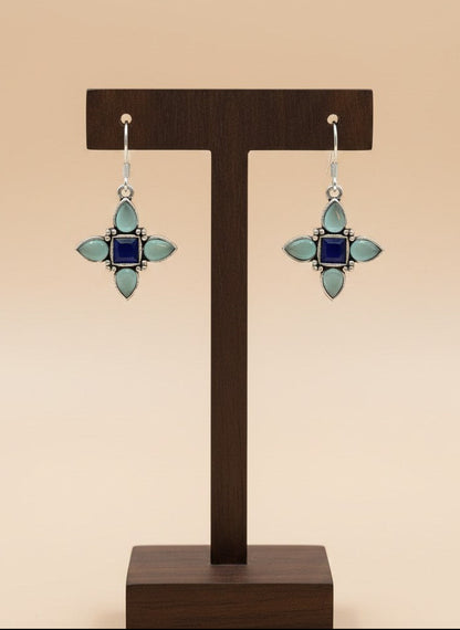Silver Oxidized Blue Stones Petal Motif Hook Earrings for Women - Everyday Wear 