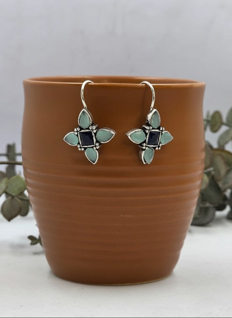 Silver Oxidized Blue Stones Petal Motif Hook Earrings for Women - Everyday Wear