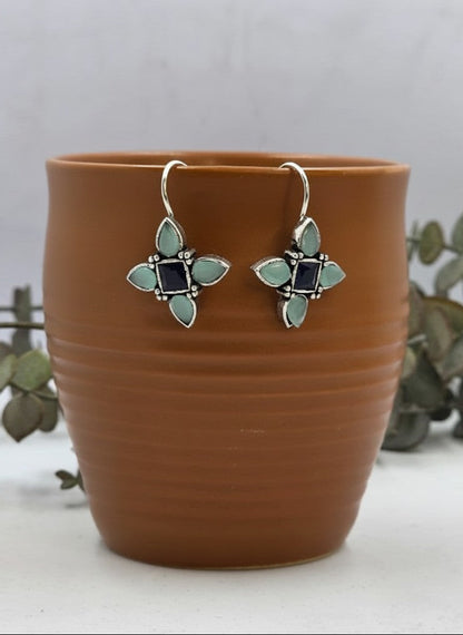 Silver Oxidized Blue Stones Petal Motif Hook Earrings for Women - Everyday Wear