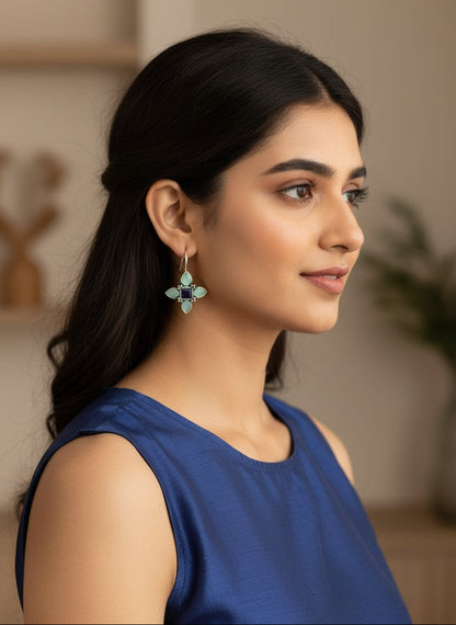 Silver Oxidized Blue Stones Petal Motif Hook Earrings for Women - Everyday Wear 
