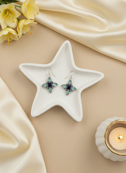 Silver Oxidized Blue Stones Petal Motif Hook Earrings for Women - Everyday Wear 
