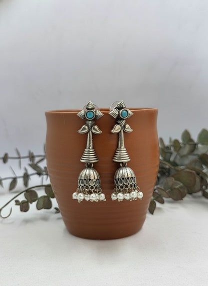 Silver Oxidized Boho Floral Jhumka Earrings with Aqua Stone and Pearl Drops for Women - All Occasions